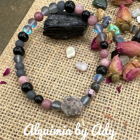 Rhodonite and spheres beaded bracelet chunky